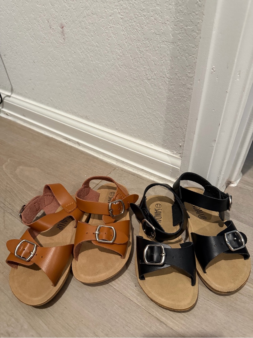 Kids Leather Buckle Sandals - Black and Tan